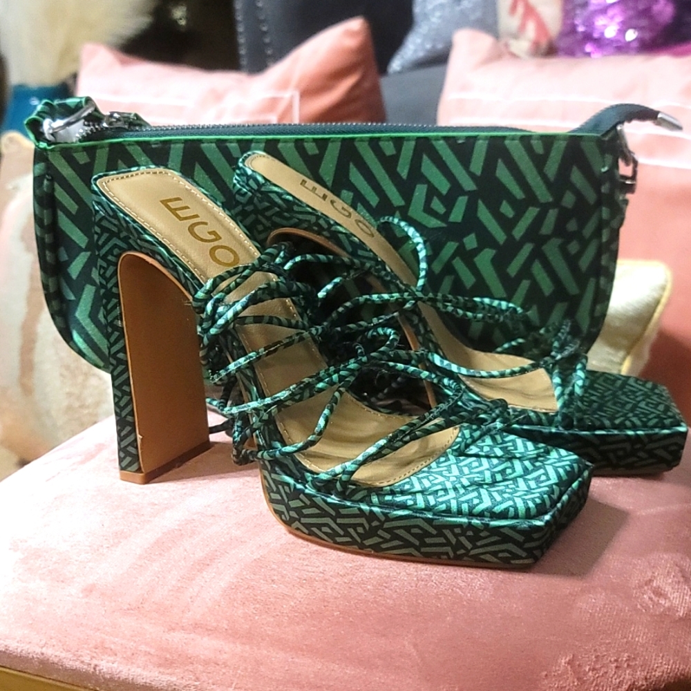Sexy string up green print heels with matching handbag